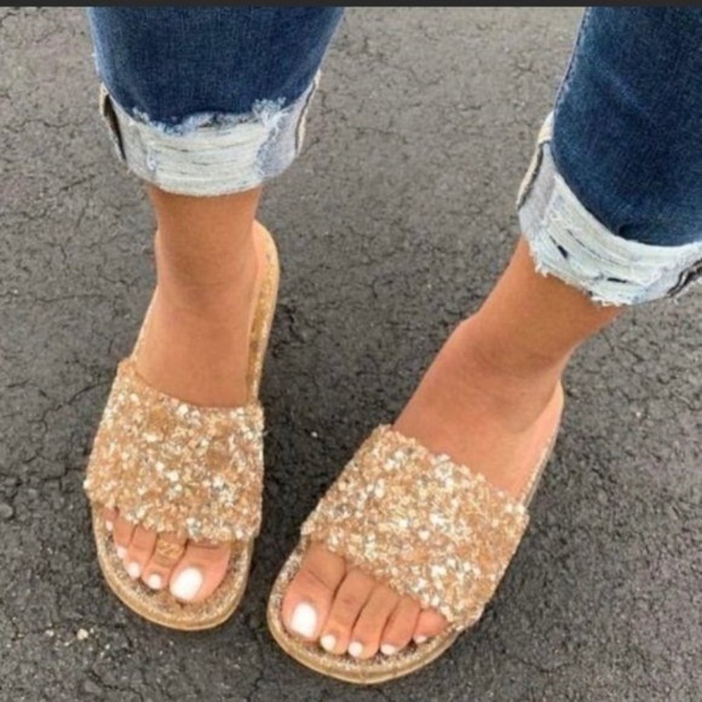 Embellished Gold Slides with Sparkles - BRAND NEW IN BOX